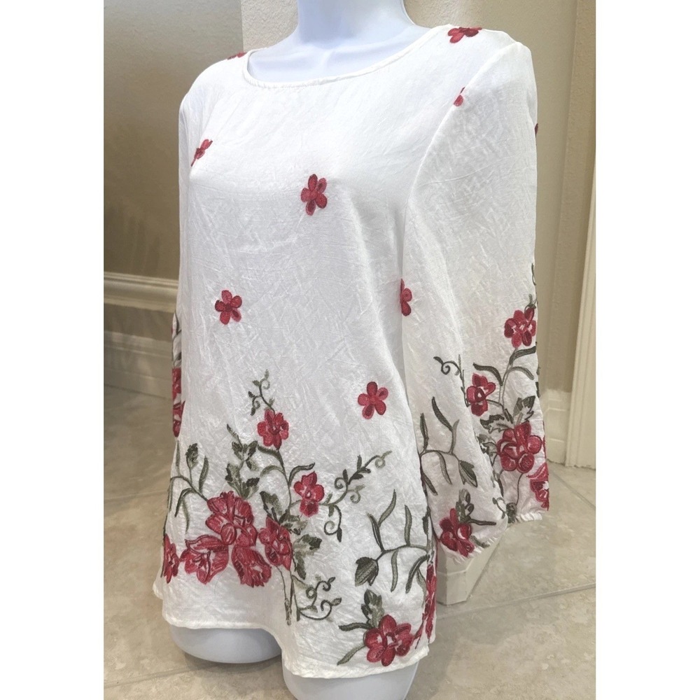 Kindred Petite White Floral Embroidered 3/4 Sleeve Blouse Top‎ Size PL